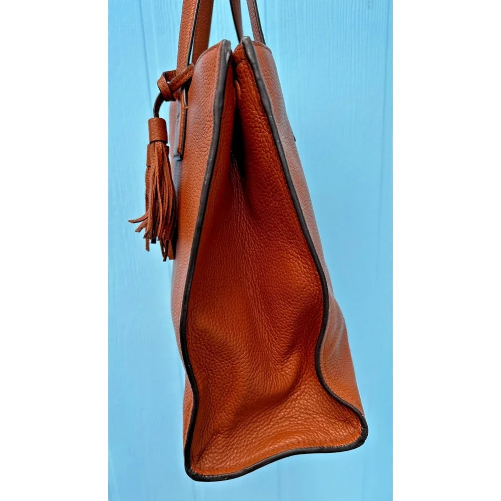 Tory Burch Thea Brown Leather Tote Tassels Purse Multi Pocket Shoulder Bag